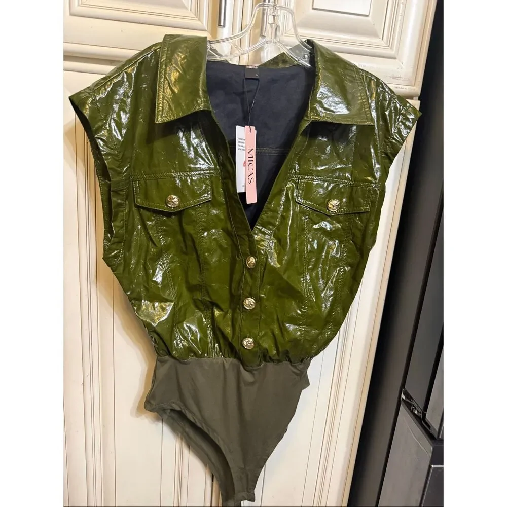 Micas Women's Faux Leather Button Patchwork Tank Sleeveless Bodysuit Olive Large - Picture 6 of 11